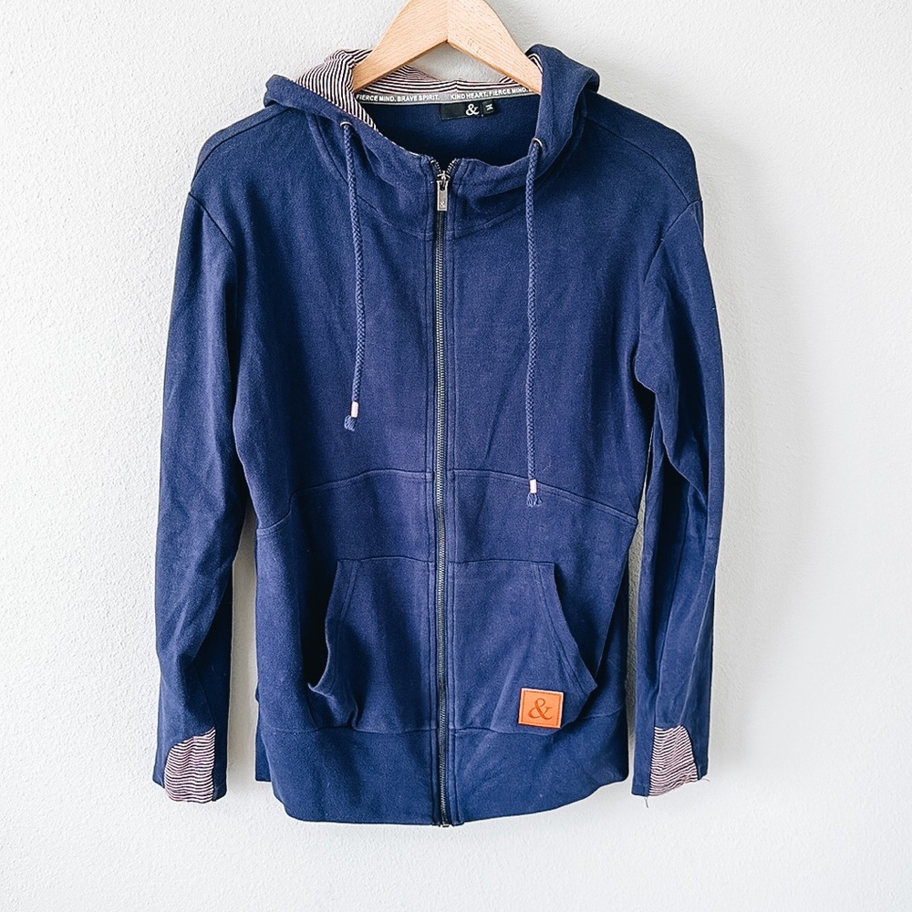 Ampersand Avenue Zip Up Hooded Sweatshirt Navy Blue & Pink Stripes Medium